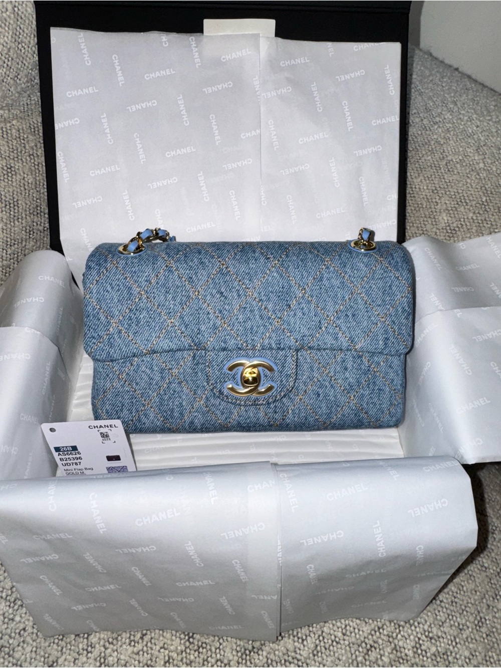 CHANEL 26B BLUE DENIM MINI FLAP BAG